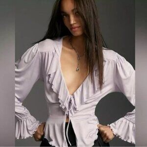 NWT Anthropologie Long-Sleeve Ruffled Tie-Front Top Blouse Light Lavender Size S